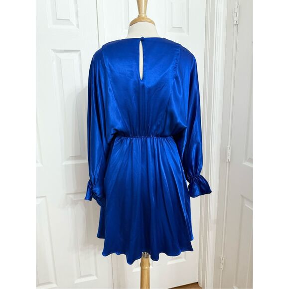 Bognar Blu Womens Blue Solid Satin Ruffle Long Sleeve A-Line Dress Size Large - Picture 4 of 6